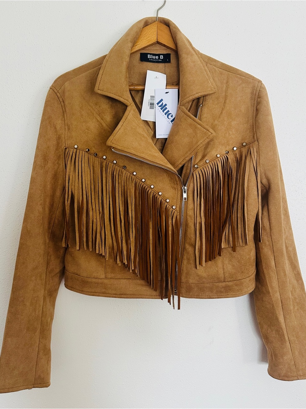 Blue B NWT Faux Suede Fringe Cropped Moto Jacket Western Tan Brown L